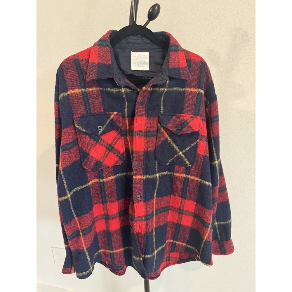 Michael Richards Wool Blend Flannel Jacket Shirt XL Red Navy Plaid 90s